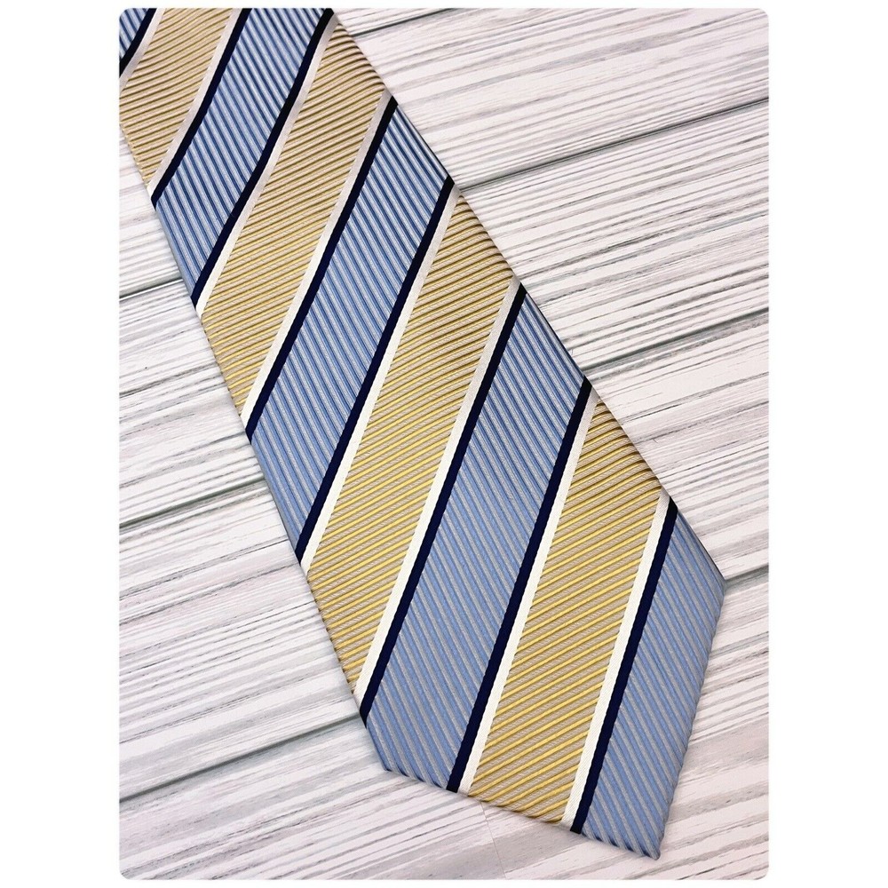 Geoffrey Beene Silk Tie Yellow Blue Geometric Stripe Mens Suit Necktie. Nice EUC